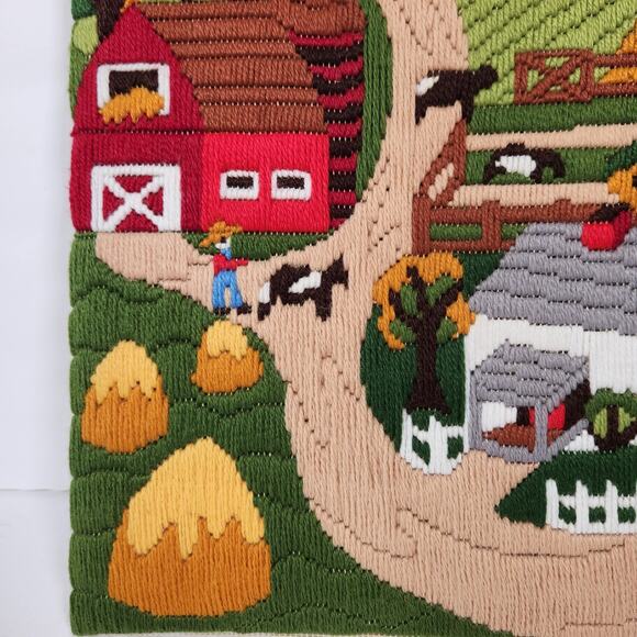UNBRANDED Vintage 1980s Crewel Embroidery Farm At Harvest Unframed 11" x 14" - Picture 6 of 11